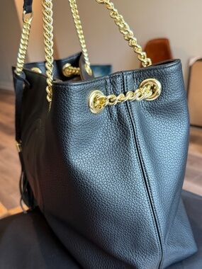 Black Leather Tote Bag with Gold Chain Handles